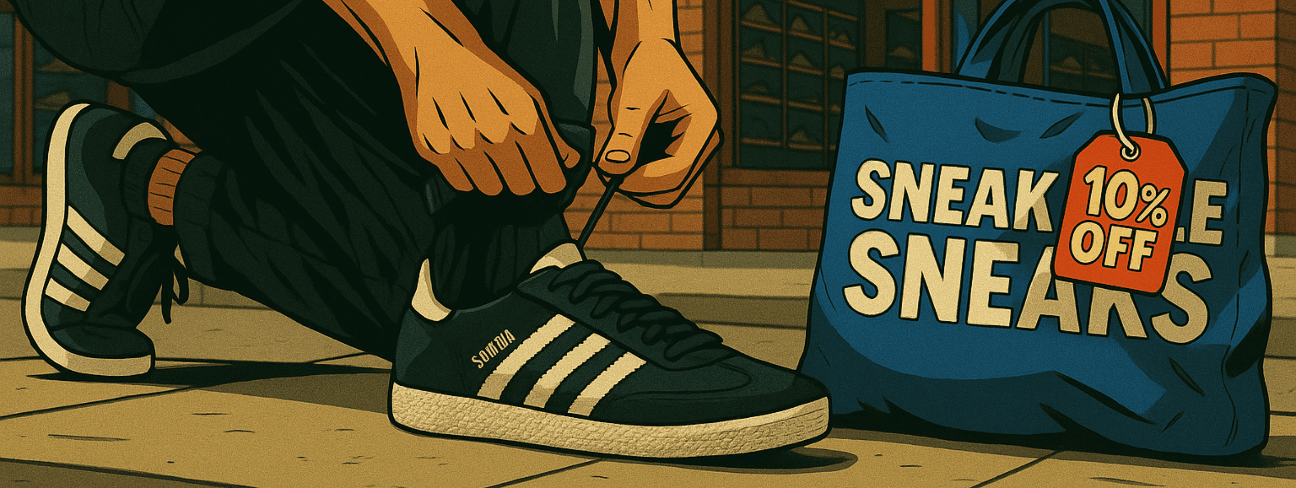 Illustration of a street-style shot outside Sneakable Sneaks: customer kneels to lace black-and-white Adidas Sambas; three stripes in sharp focus beside cobalt tote with red ‘SALE’ tag, store sign behind.