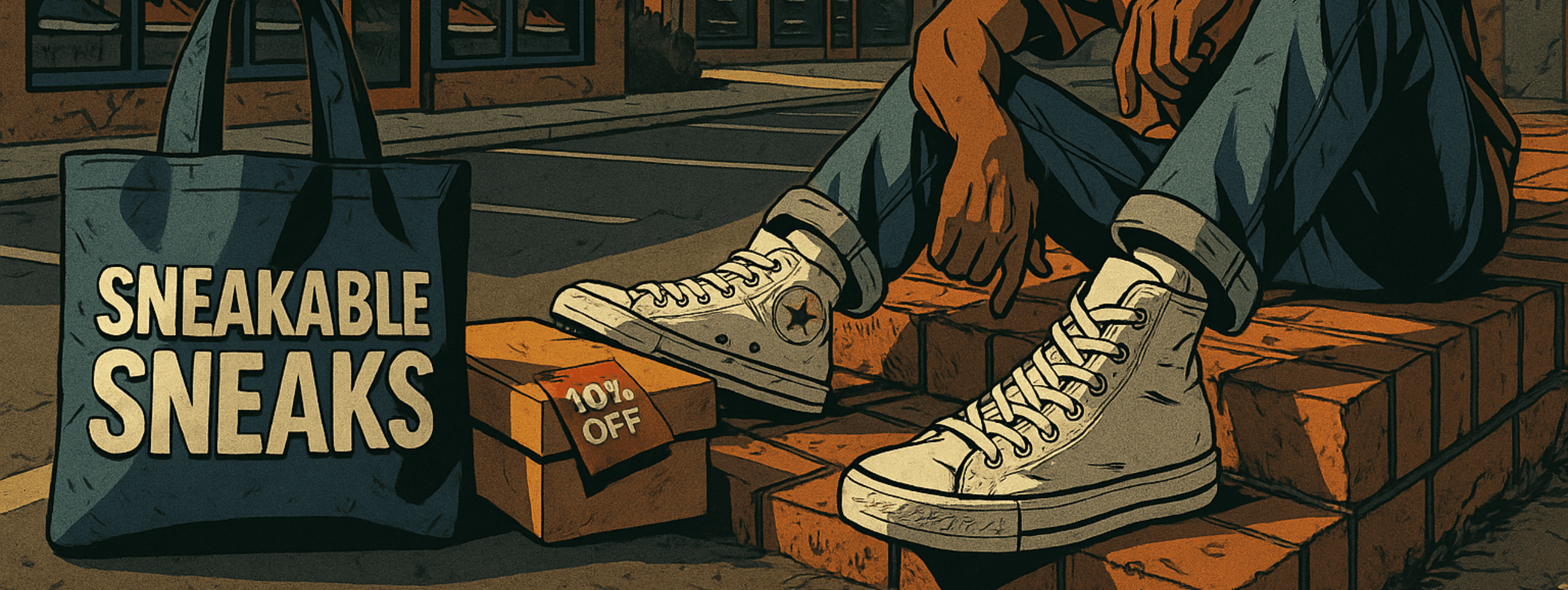 Illustration of golden-hour Rockville scene: customer in white Chuck Taylor high-tops lounges on brick ledge; cobalt Sneakable Sneaks tote and shoebox with red 10% OFF tag in foreground, store facade behind.