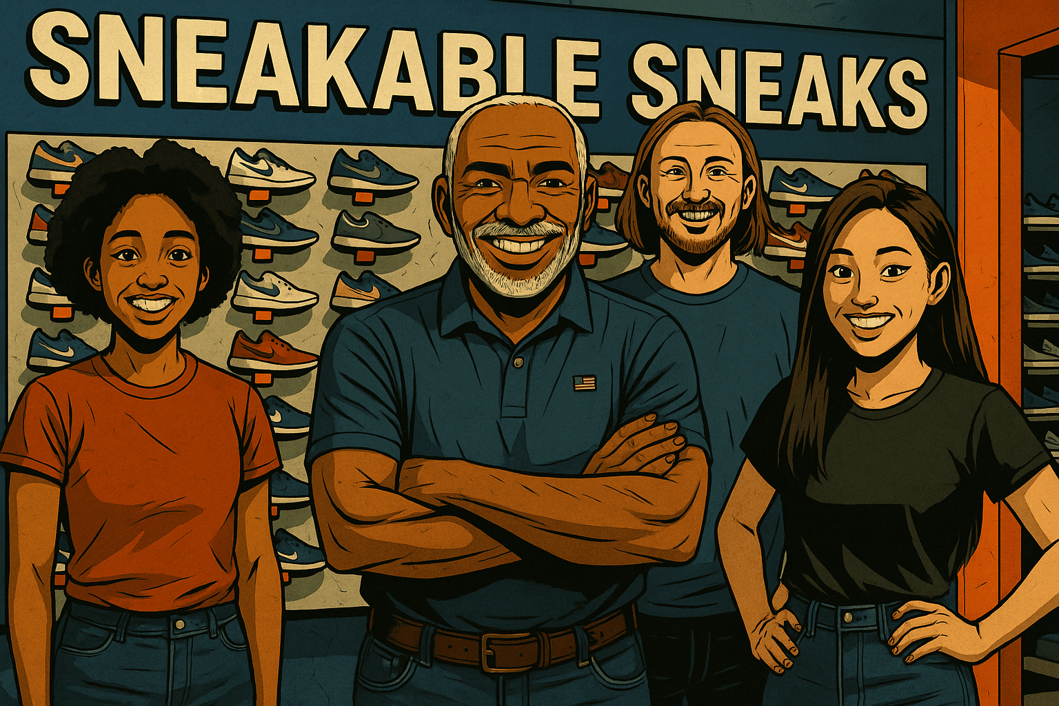 Illustration of inside Sneakable Sneaks. The founder, a smiling African-American man in navy polo with U.S. flag lapel pin—stands with diverse team before colorful sneaker wall and bold cobalt ‘Sneakable Sneaks’ sign with vermilion accents.
