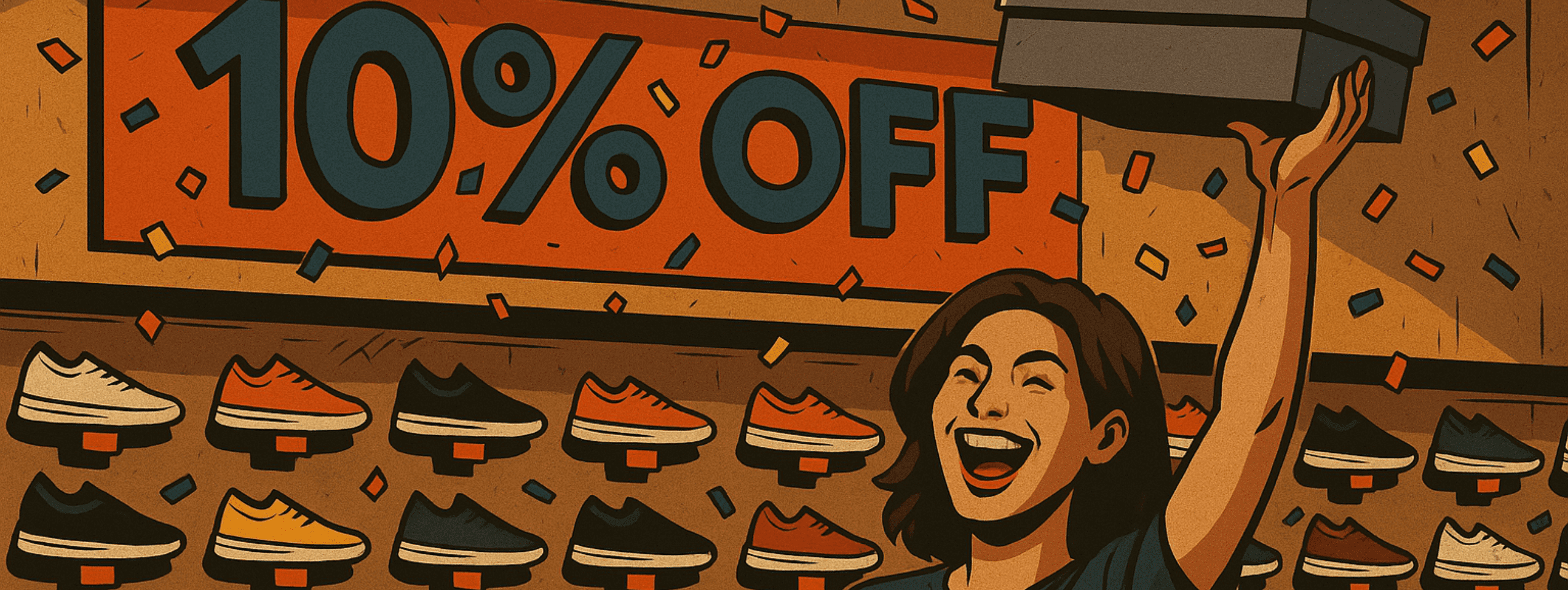 High-energy in-store illustration of Sneakable Sneaks sneaker wall with large cobalt ‘10 % OFF’ sale sign, bright vermilion accents and confetti; smiling customer lifts shoebox triumphantly.