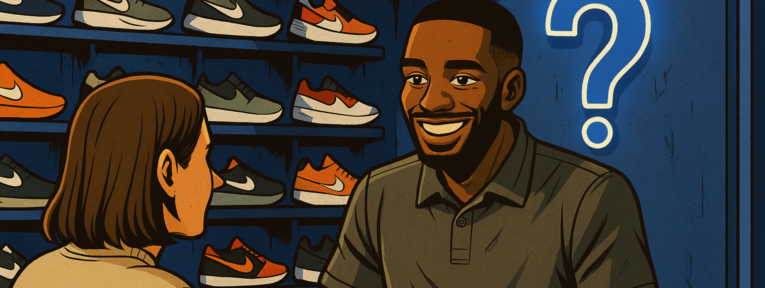 Illustration of a bright Sneakable Sneaks service desk: smiling staff member answers customer’s question; neon cobalt-blue question-mark sign glows on wall behind, rows of colorful sneakers in view.