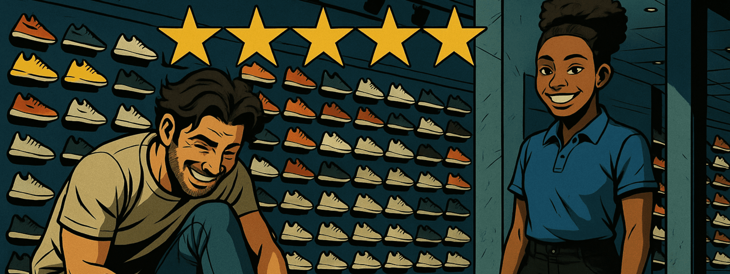 Illustration of a bright Sneakable Sneaks interior with cobalt-blue accent wall; customer laces new sneakers on bench while smiling staffer stands nearby, five gold stars floating overhead.