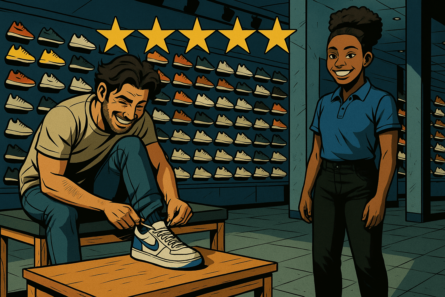 Illustration of a bright Sneakable Sneaks interior with cobalt-blue accent wall; customer laces new sneakers on bench while smiling staffer stands nearby, five gold stars floating overhead.