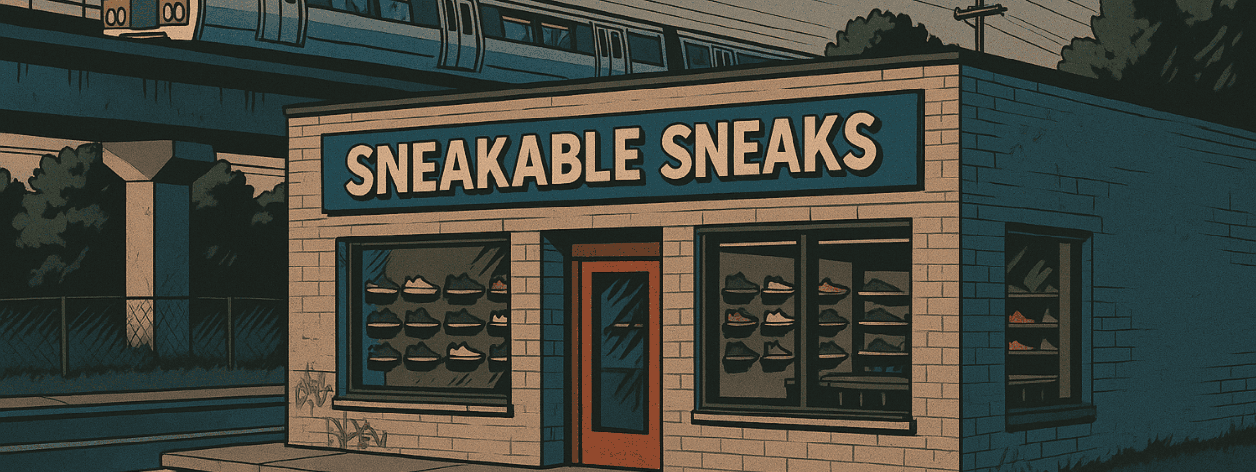 illustration of sneakable sneaks storefront, parking lot and dc metro passing by