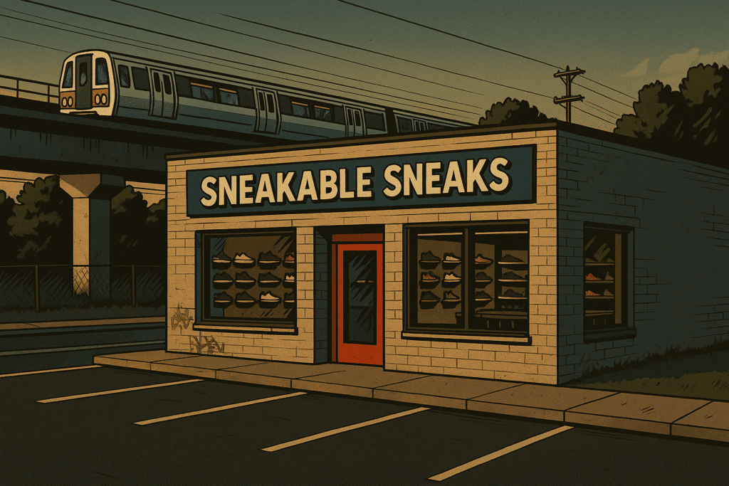 illustration of sneakable sneaks storefront, parking lot and dc metro passing by