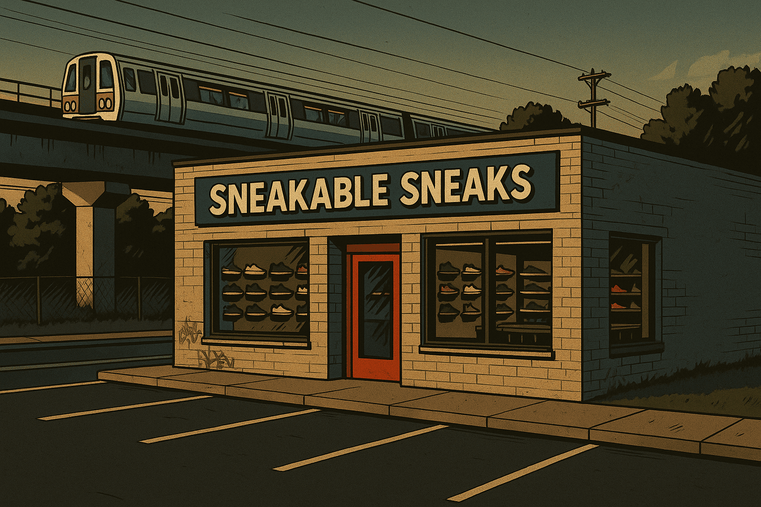 illustration of sneakable sneaks storefront, parking lot and dc metro passing by