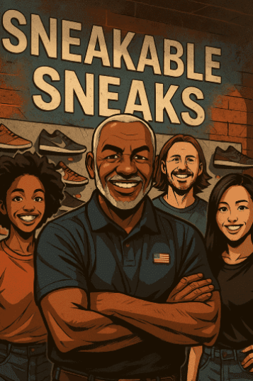 sneakable sneaks about us rockville team Illustration of inside Sneakable Sneaks. The founder, a smiling African-American man in navy polo with U.S. flag lapel pin—stands with diverse team before colorful sneaker wall and bold cobalt ‘Sneakable Sneaks’ sign with vermilion accents.
